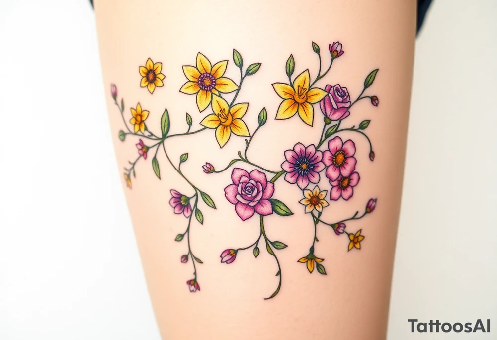 Vine with flowers: daffodil,
Lily, chrysanthemum, rose, aster, narcissus tattoo idea