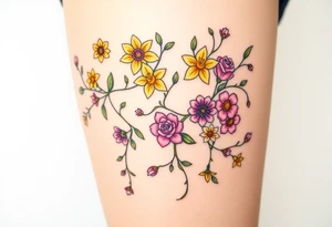 Vine with flowers: daffodil,
Lily, chrysanthemum, rose, aster, narcissus tattoo idea