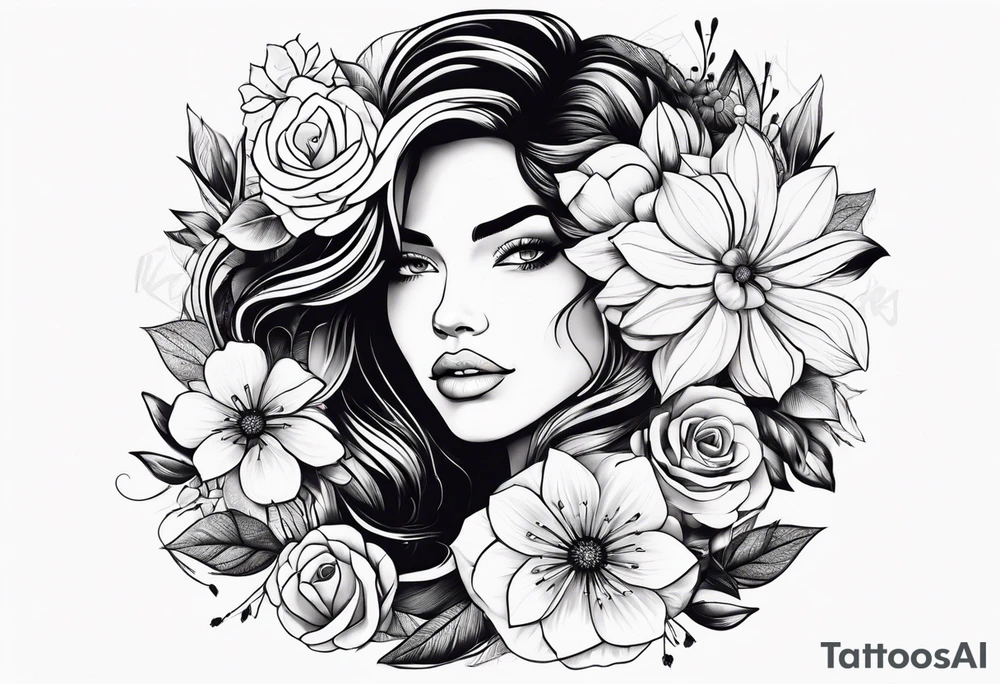 Powerful women’s face with flowers around tattoo idea