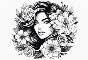 Powerful women’s face with flowers around tattoo idea