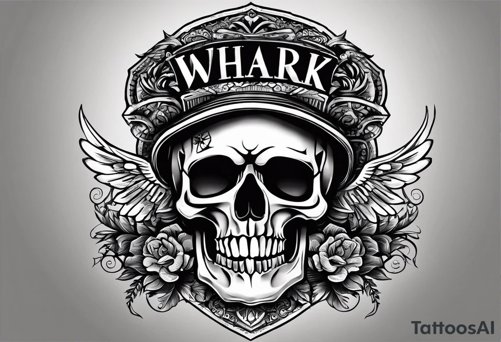 I want a tattoo with a skull design with the letters "work hard" at the top and the letters "play hard" at the bottom, in black only. tattoo idea