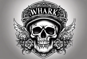 I want a tattoo with a skull design with the letters "work hard" at the top and the letters "play hard" at the bottom, in black only. tattoo idea
