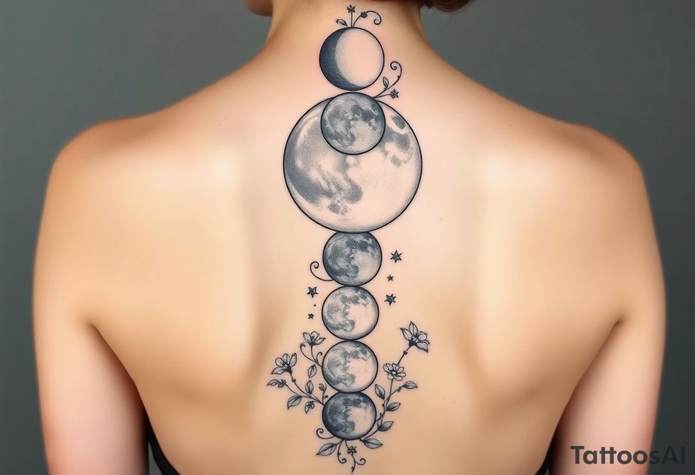All the Phases of the moon detailed down the spine details on the moon. With vines and stars and flowers along the sides down beside the phases of the moon tattoo idea
