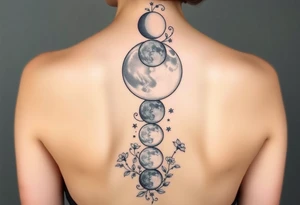 All the Phases of the moon detailed down the spine details on the moon. With vines and stars and flowers along the sides down beside the phases of the moon tattoo idea
