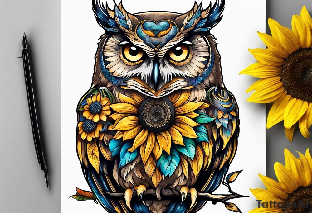 Owl, sunflower with a butterfly tattoo idea