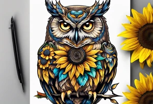 Owl, sunflower with a butterfly tattoo idea