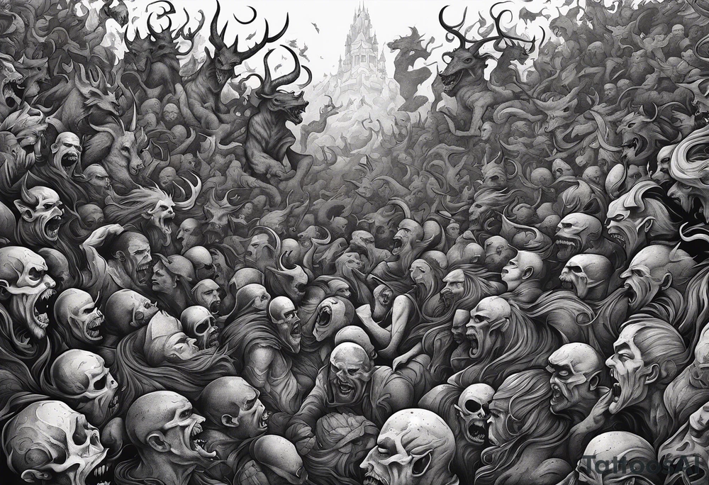 A silhouette of a person outnumbered against a vast horde of demons tattoo idea