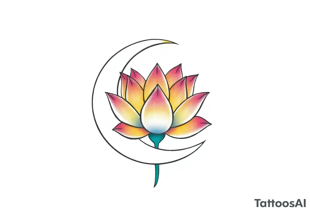 small colorful crescent moon with lotus flower tattoo idea