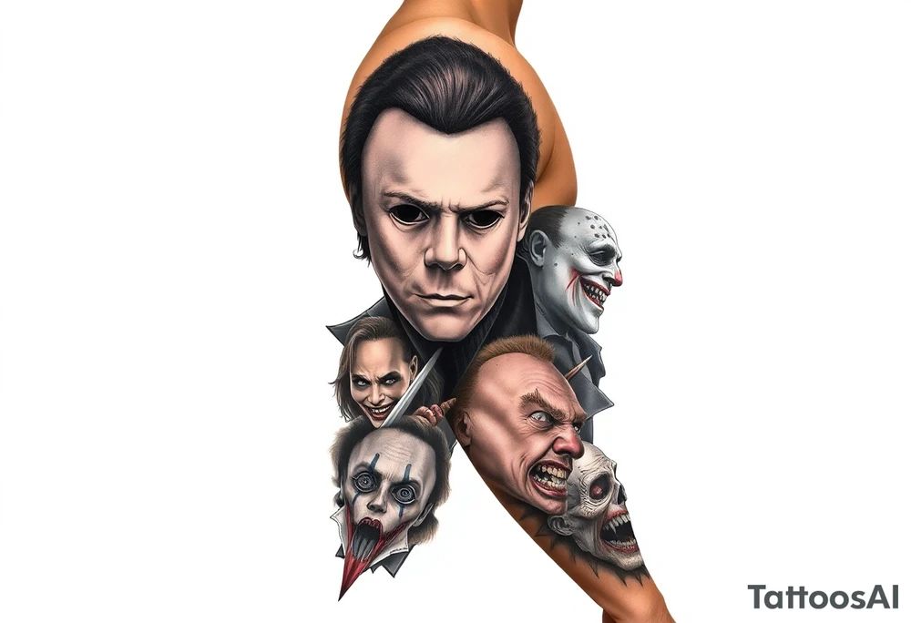Left full arm sleeve. Michael Myers is the largest and main focal point. It should have the other horror characters like Jason, Freddy, the clown from saw, sam, the leprechaun,  chuckie, pin head, art the clown, leather face penny wise. tattoo idea