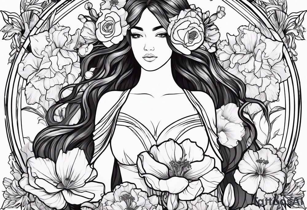 Female body outline surrounded by carnations
snow drops, iris, poppies, cosmos, and narcissus tattoo idea