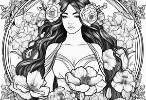 Female body outline surrounded by carnations
snow drops, iris, poppies, cosmos, and narcissus tattoo idea