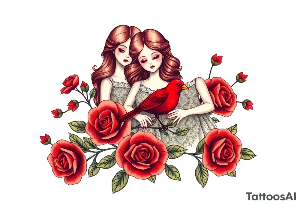 Vintage dollies, red roses, lace, red bird, vintage, wrap around, tighter together, no space open tattoo idea