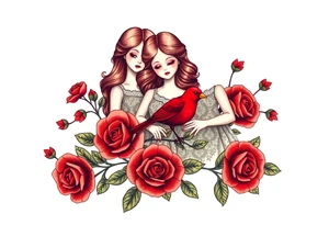 Vintage dollies, red roses, lace, red bird, vintage, wrap around, tighter together, no space open tattoo idea