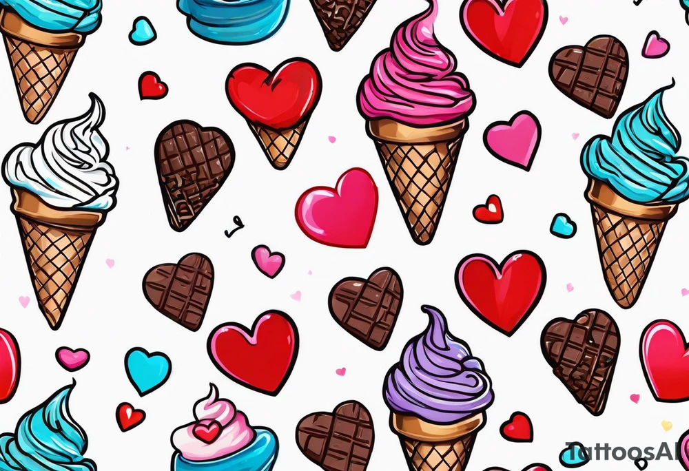 sketch chocolate chip ice cream cone with one red heart tattoo idea
