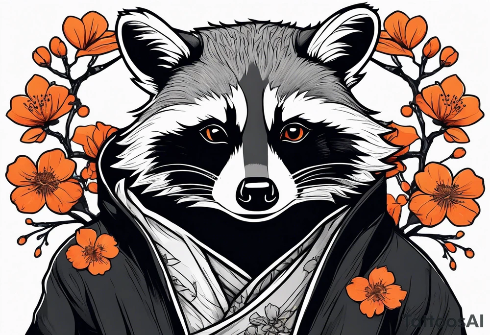 raccoon wearing a black and white Superman hoodie and orange Japanese cherry blossoms tattoo idea