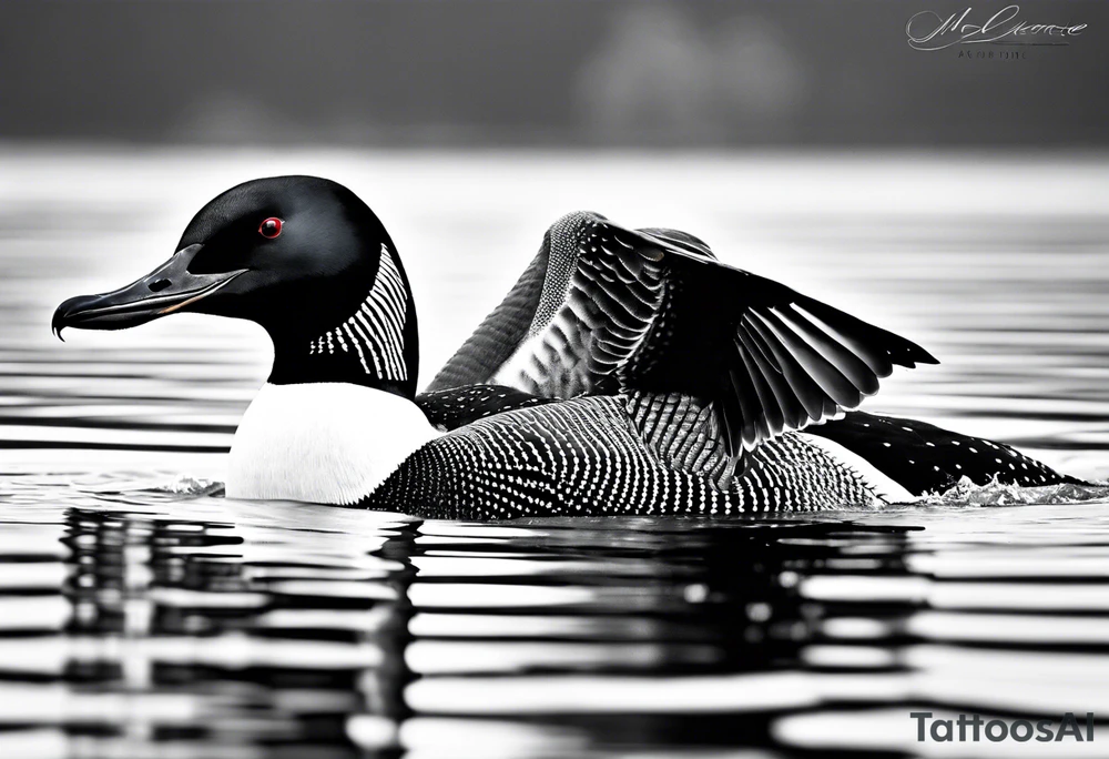 A North American common loon looking majestic as it spreads its wings in the water. On the mid-upper thigh. It should be a vertical tattoo and head on of the loon. tattoo idea