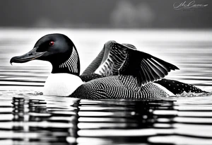 A North American common loon looking majestic as it spreads its wings in the water. On the mid-upper thigh. It should be a vertical tattoo and head on of the loon. tattoo idea