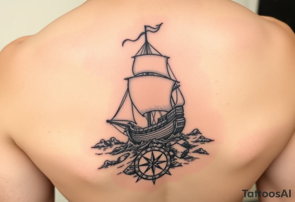 A tattered galleon ship sailing toward a stormy and rocky shore and a compass pointing home tattoo idea