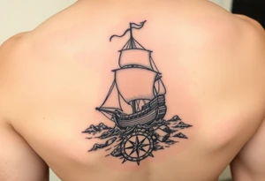 A tattered galleon ship sailing toward a stormy and rocky shore and a compass pointing home tattoo idea