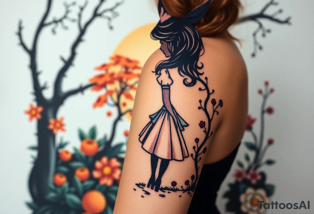 Alice in wonderland silhouette. Perspective from the back. She is entering a garden and seeing an orange tree. tattoo idea