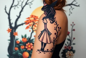 Alice in wonderland silhouette. Perspective from the back. She is entering a garden and seeing an orange tree. tattoo idea