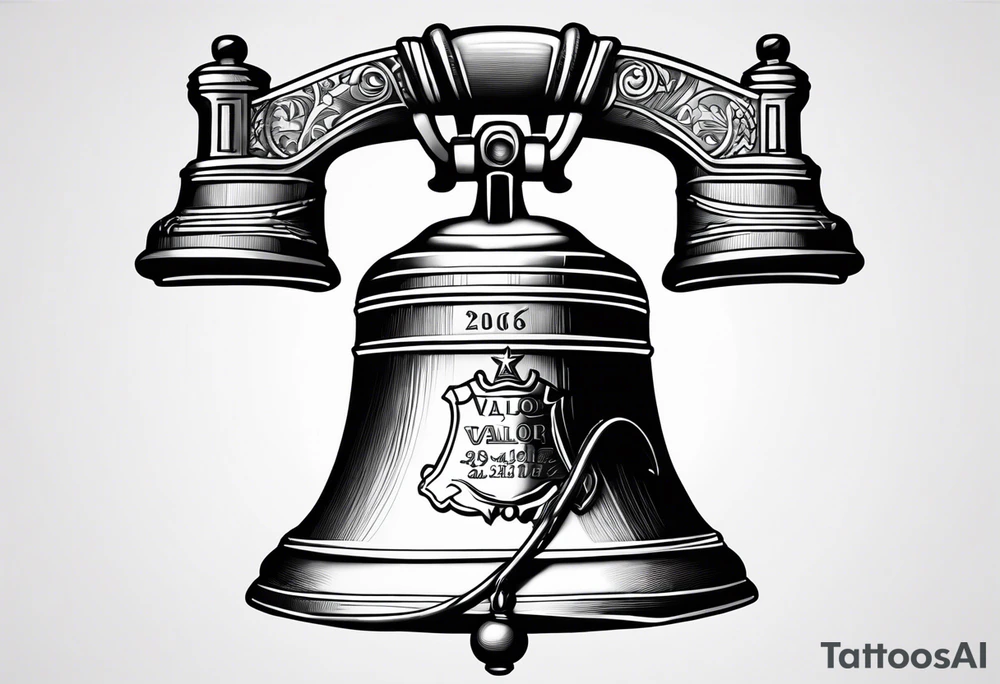 A Liberty Bell with the name Valor and the date 06.29.2019 tattoo idea