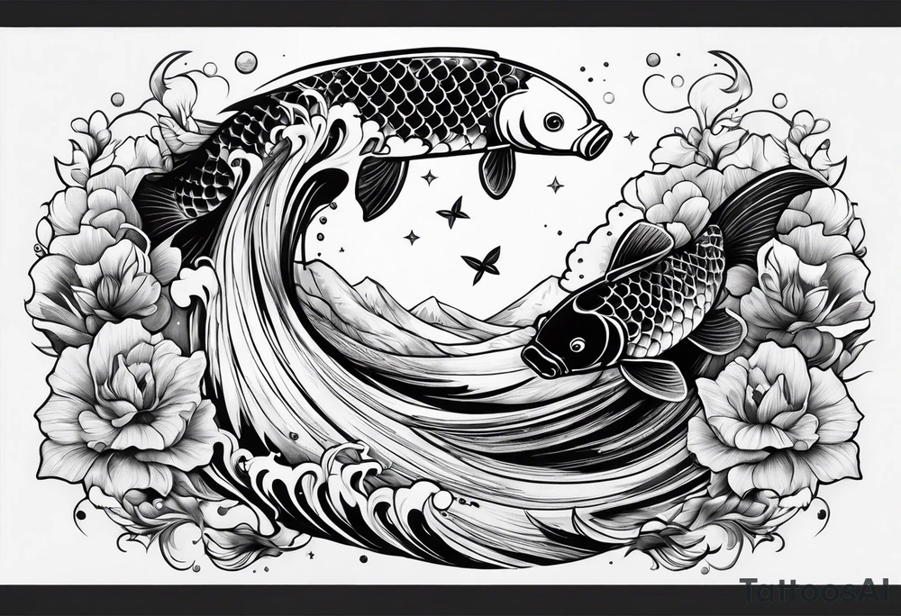 arm sleeve tatoo, space, nature, koi tattoo idea