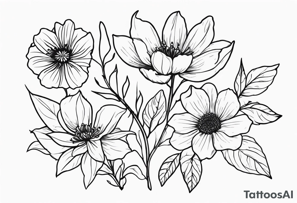 January birth flower, May birth flower, June birth flower x 2, July birth flower, August birth flower, September birth flower, October birth flower, December birth flower with some leaves all together tattoo idea