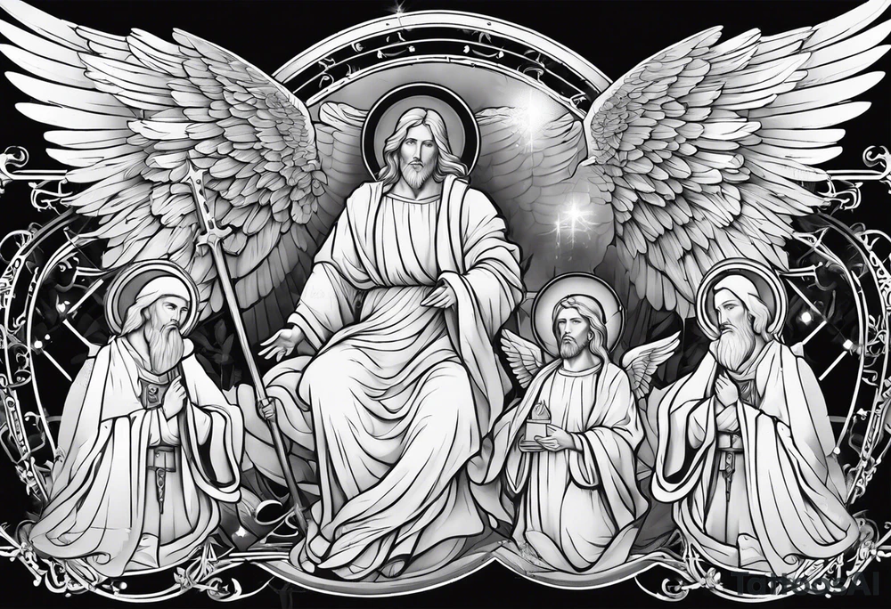 heaven, god, Jesus, angels sleeve tattoo idea