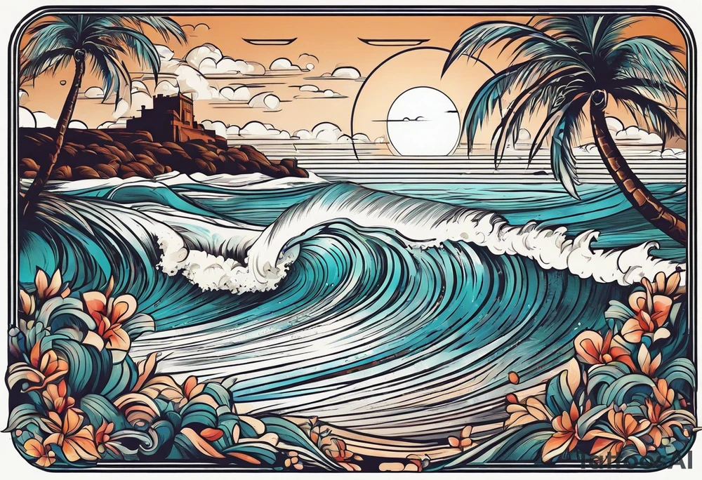 Retro design with coffee mug and ocean waves palm trees tattoo idea