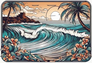 Retro design with coffee mug and ocean waves palm trees tattoo idea