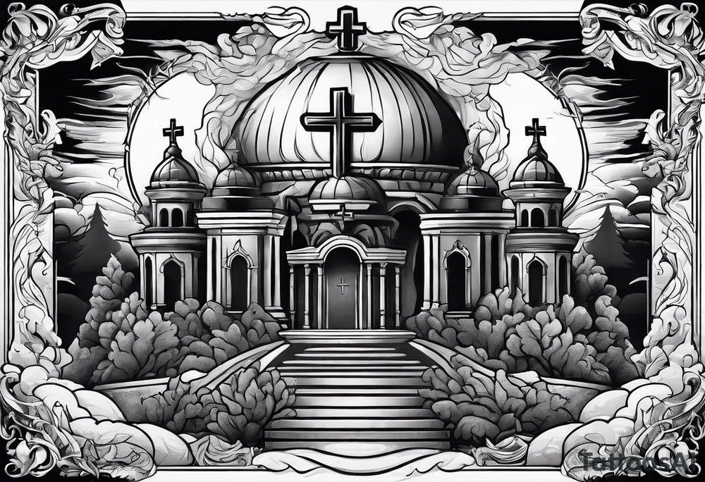 Tomb with smoke and crosses tattoo idea