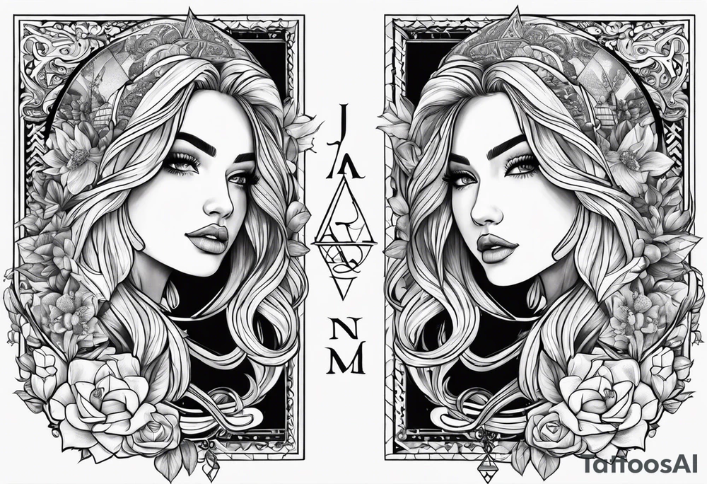 Jaxon Madison Evelyn names in banners around a current Aquarius tattoo tattoo idea