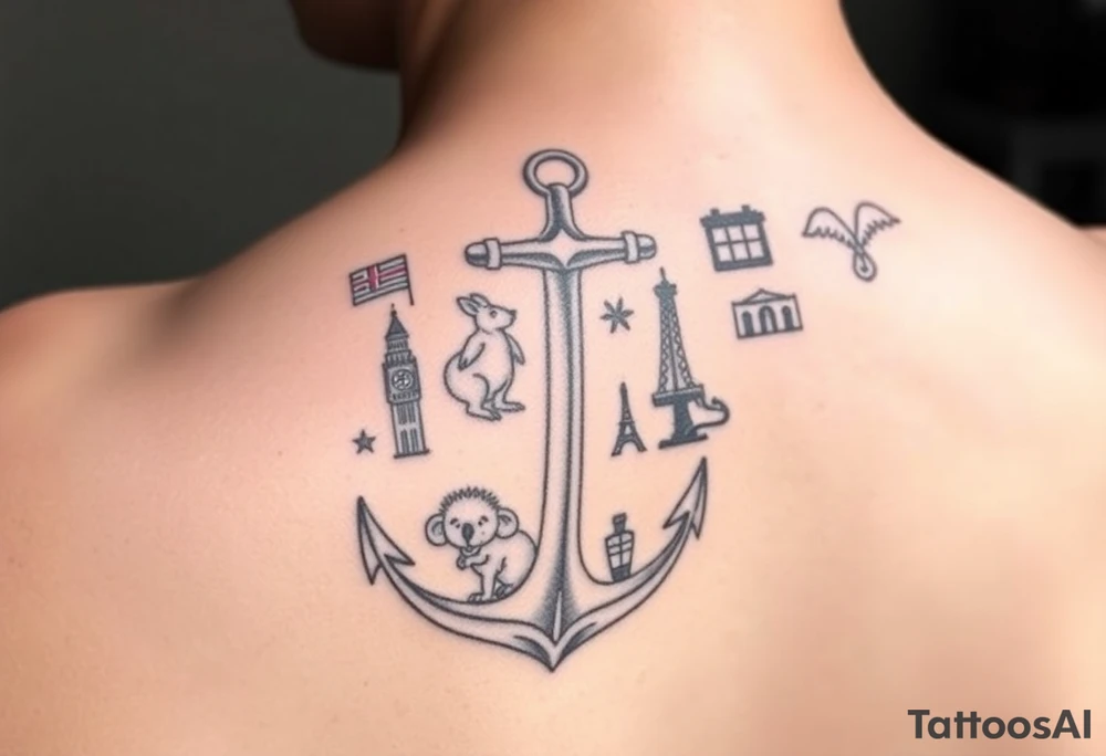 Tattoo for Female that has anchor, travel, items from each country traveled to:
Australia - kangaroo/koala 
New Zealand
United Kingdom- Big Ben 
Ireland - cliffs of mohr 
France- Eiffel tower 
Kenya - tree
Brazil - amazon
Aruba - beach 
Curacao - beach 
Jamaica - beach 
Mexico
Puerto Rico
St. Thomas
Bahamas
St. Martin
Italy - wine 
Canada - banff 
Spain - basilica 
Portugal - naticionel de Peña 
Azore islands - flowers 
Thailand- elephant 
Iceland tattoo idea