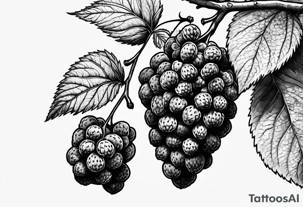 a long raspberry branch with lots of leaves and no shading tattoo idea