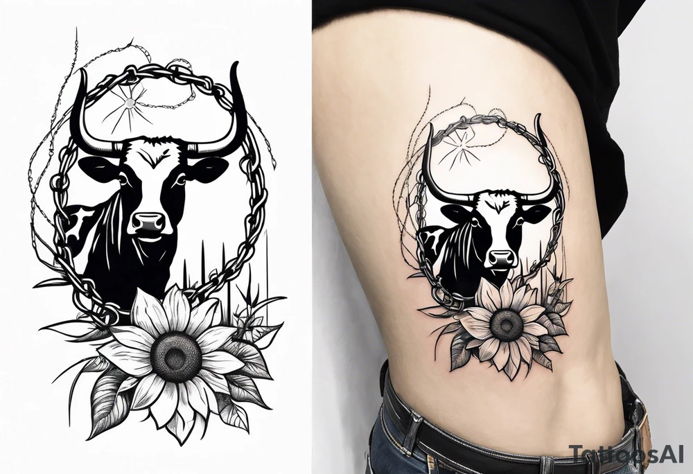 Arm tattoo with barbed wire, cowboy hat, sun flowers and cow tattoo idea