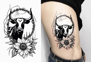 Arm tattoo with barbed wire, cowboy hat, sun flowers and cow tattoo idea