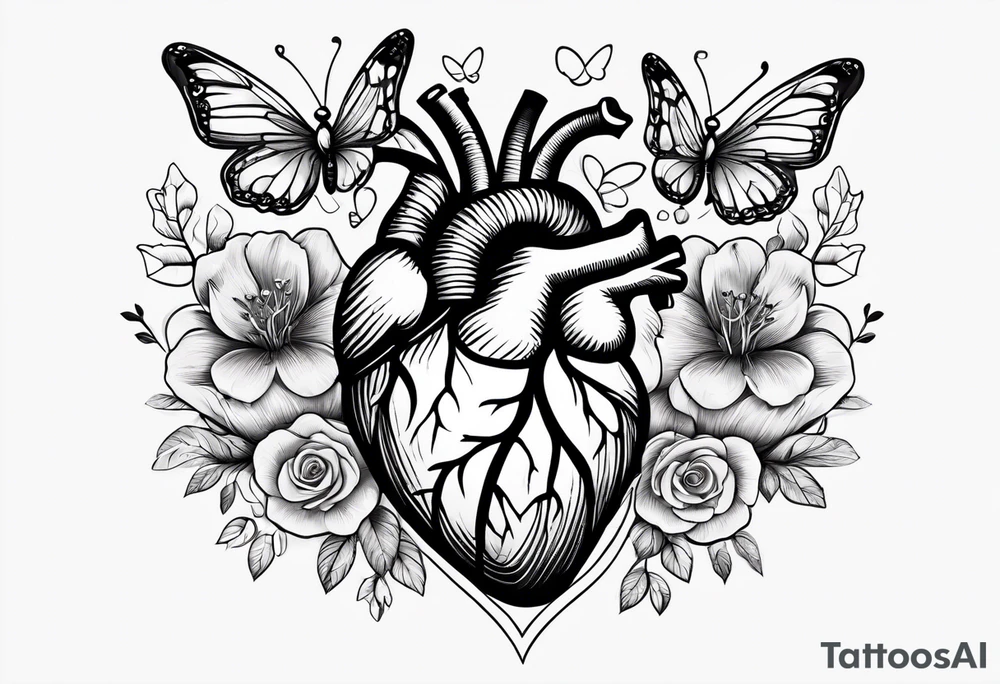 hands holding a heart. flowers sprouting from the top of the heart and butterflies flying around the flowers tattoo idea