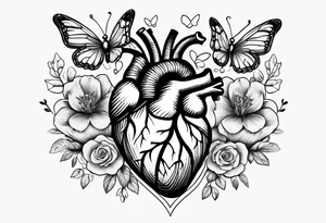 hands holding a heart. flowers sprouting from the top of the heart and butterflies flying around the flowers tattoo idea