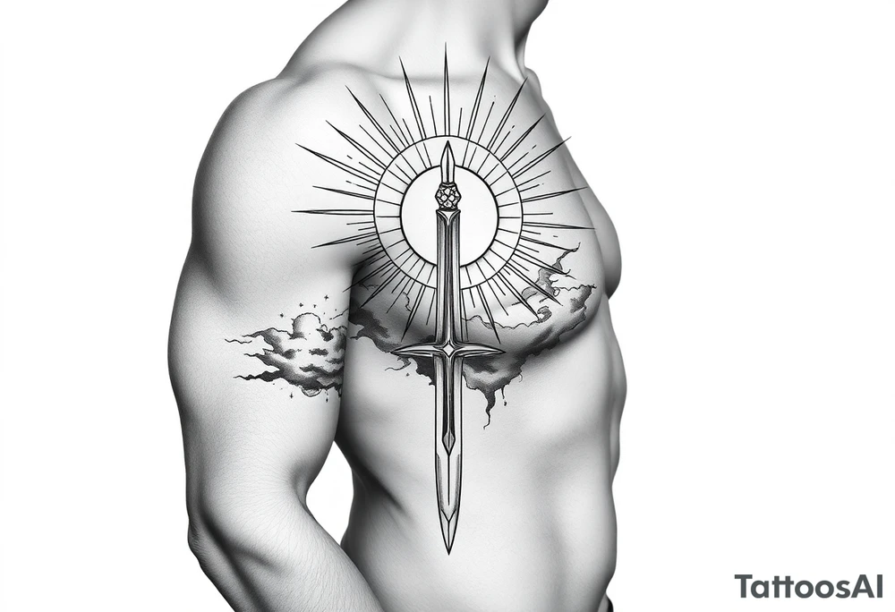 Half sleeve. sun rays, clouds, sword tattoo idea