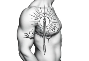 Half sleeve. sun rays, clouds, sword tattoo idea