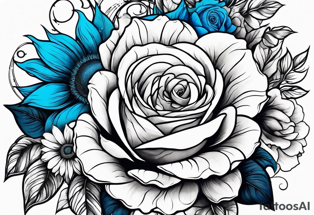 animal flower rose and blue, sunflower, tattoo idea