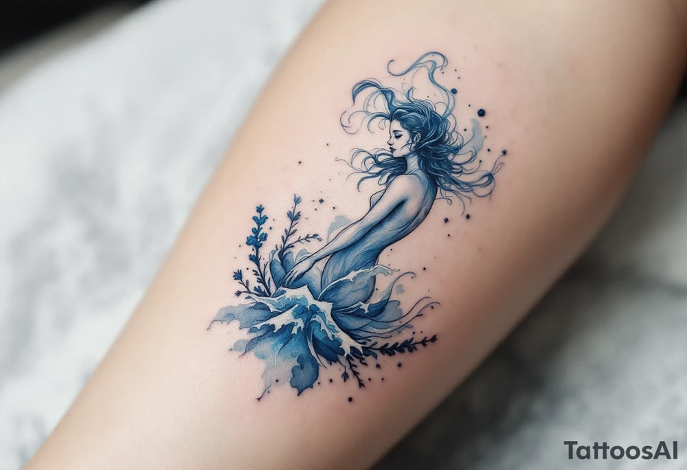 An Aquarius figure, in shades of ice blue and transparent silver emerging from sae wave. tattoo idea