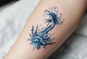 An Aquarius figure, in shades of ice blue and transparent silver emerging from sae wave. tattoo idea