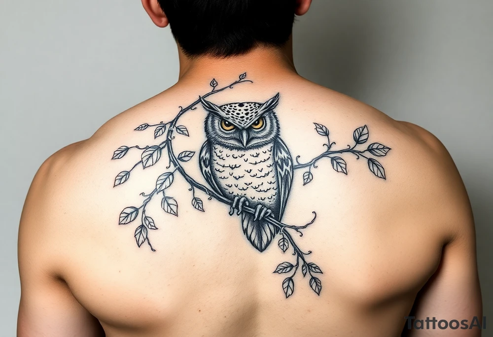 Vine wrapped around owl to where you can barely see the owl 333 in vine tattoo idea