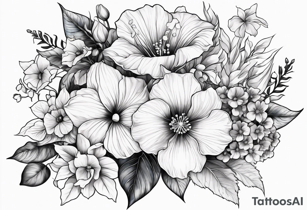 Floral Bouquet with blue hydrangea, Gladiolus, Poppy, Daisy, Sweet Pea, Narcissus, Poinsettia, and Holly tattoo idea
