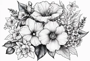 Floral Bouquet with blue hydrangea, Gladiolus, Poppy, Daisy, Sweet Pea, Narcissus, Poinsettia, and Holly tattoo idea