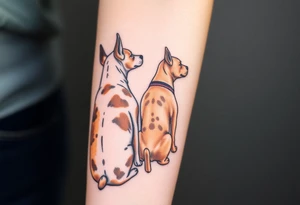 a merle australian cattle dog and a tan pitbull standing looking out over into the sunset tattoo idea