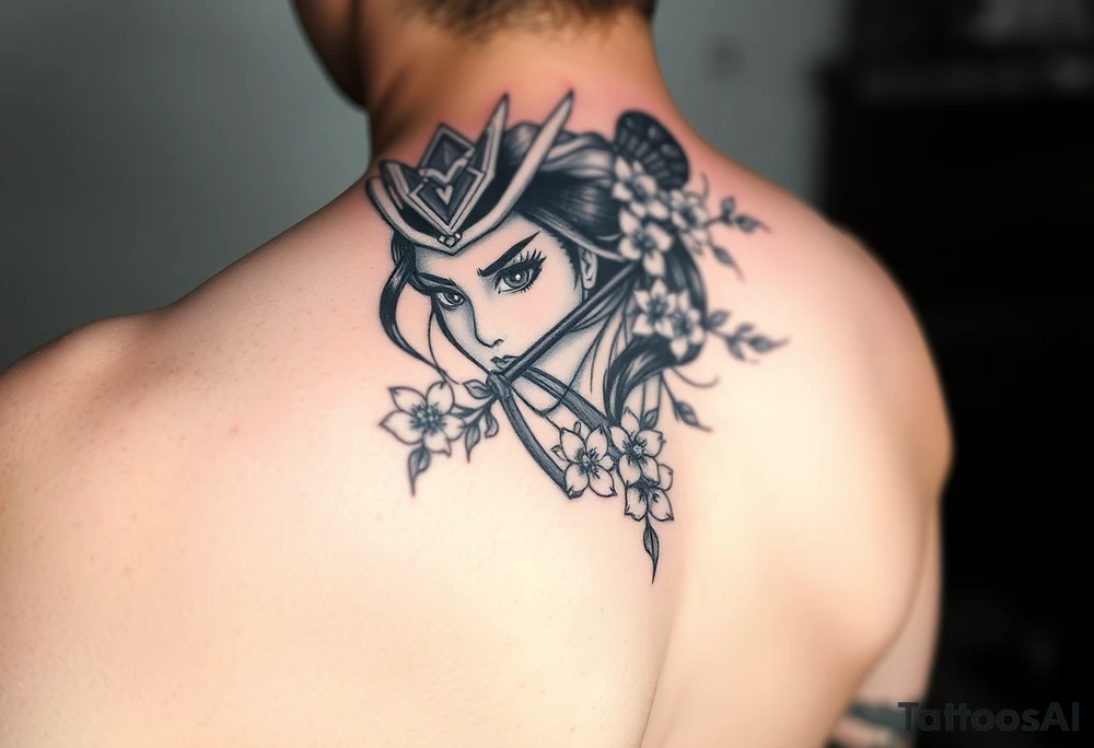 Samurai Asian face
with a fan across her face with cherry blossom with wind tattoo idea
