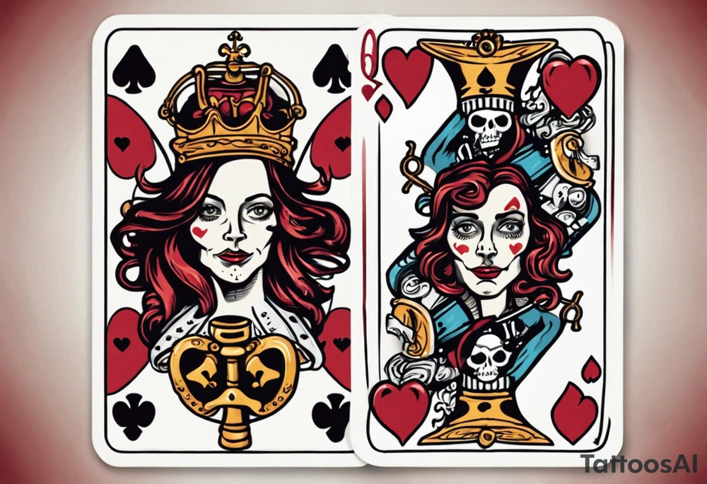 A playing card that is the queen of hearts. The two faces on the card are famous pirates Mary Read and Anne Bonny tattoo idea